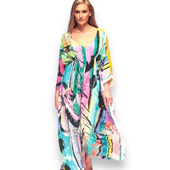 V Neck Multicolor Abstract Cotton Long Kaftan Dress Cover Up - NEW - Picture 3 of 4